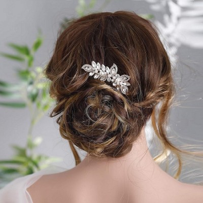 Accesoriu par agrafa tip pieptene cu flori si frunze din cristale si perle