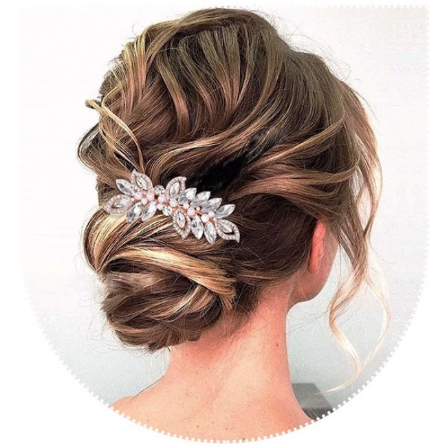 Accesoriu par agrafa tip pieptene cu flori si frunze din cristale si perle Accesoriu par agrafa tip pieptene cu flori si frunze din cristale si perle