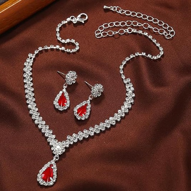 Set bijuterii colier si cercei Josephine cu cristale rosii rubin