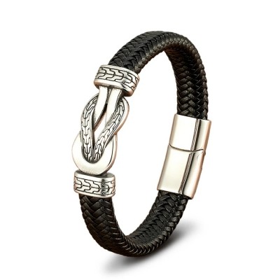 Bratara neagra din piele naturala si inox Destine Contopite