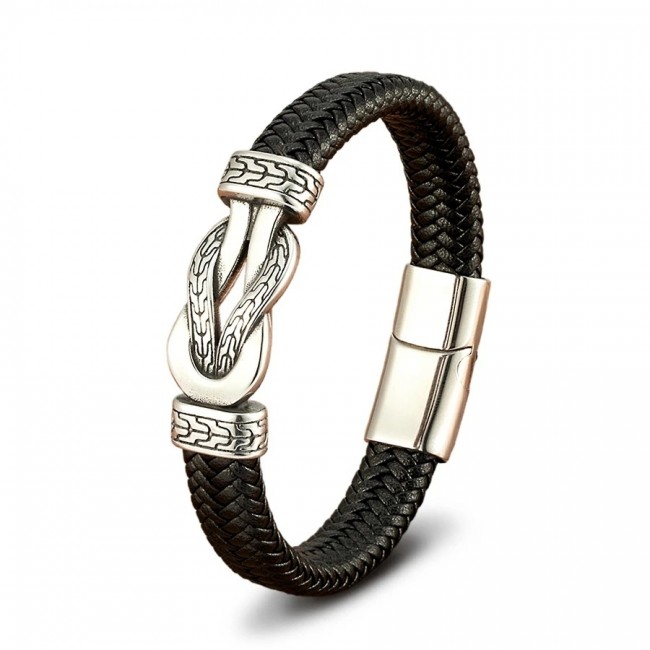 Bratara neagra din piele naturala si inox Destine Contopite