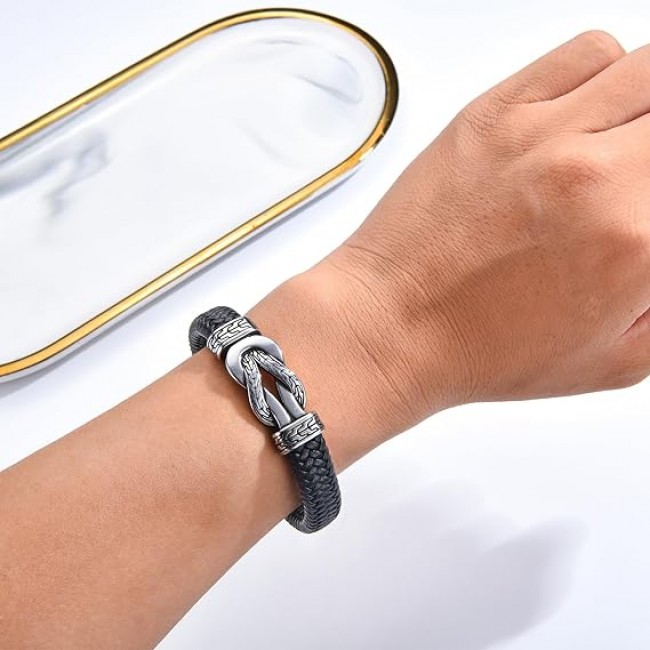 Bratara neagra din piele naturala si inox Destine Contopite