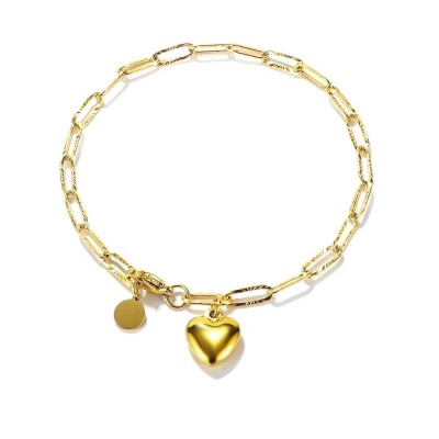 Bratara inox de culoare aurie reglabila cu zale si talismane inima plina si cerc Bratara inox de culoare aurie reglabila cu zale si talismane inima plina si cerc