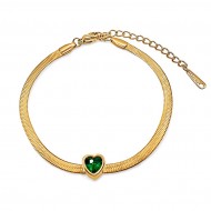 Bratara inox aurie ajustabila cu charm inima cu cristal verde smarald