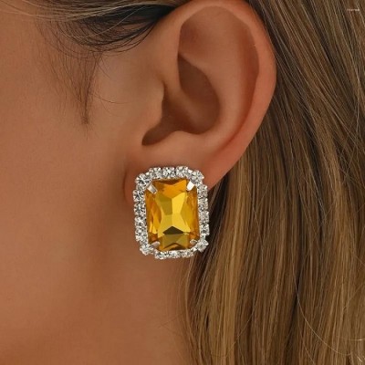 Cercei dreptunghiulari cu clips cu piatra galbena