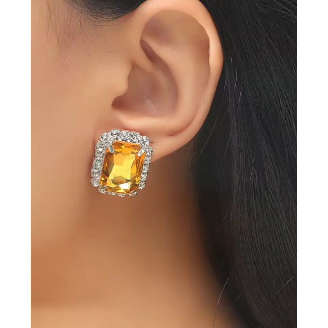 Cercei dreptunghiulari cu clips cu piatra galbena