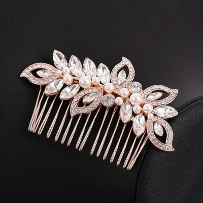 Accesoriu par agrafa tip pieptene cu flori si frunze din cristale si perle