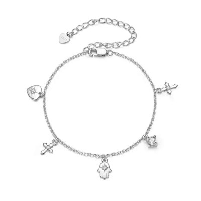 Bratara argint cu talismane cruce inima si hamsa