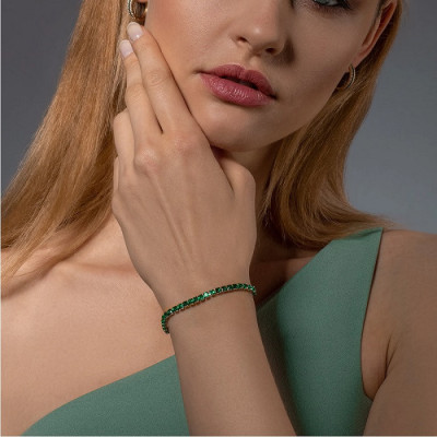 Bratara tennis argintie reglabila din inox cu cristale din zirconiu verde smarald