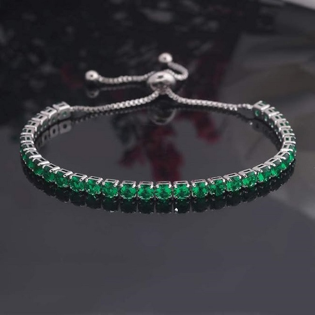 Bratara tennis argintie reglabila din inox cu cristale din zirconiu verde smarald