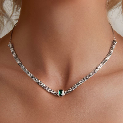 Colier argint chocker reglabil cu pandantiv verde smarald detasabil tip clic