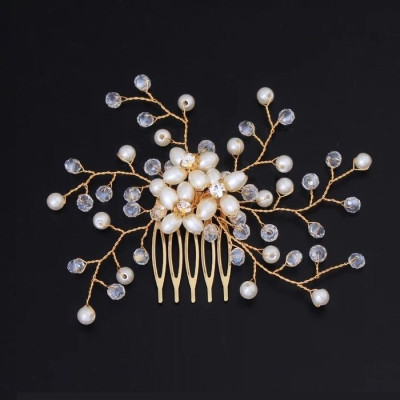 Accesoriu par agrafa tip pieptene Demoiselle cu perle, cristale si margele