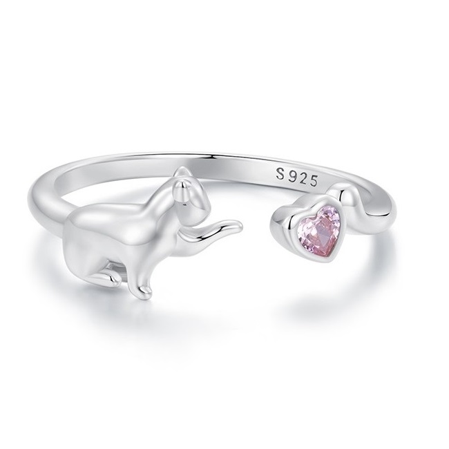 Inel argint reglabil pisicuta cu cristal inima