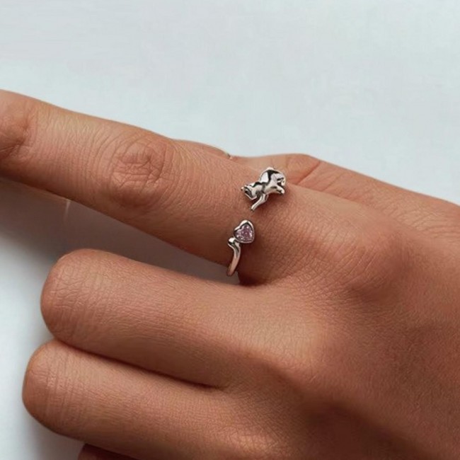 Inel argint reglabil pisicuta cu cristal inima