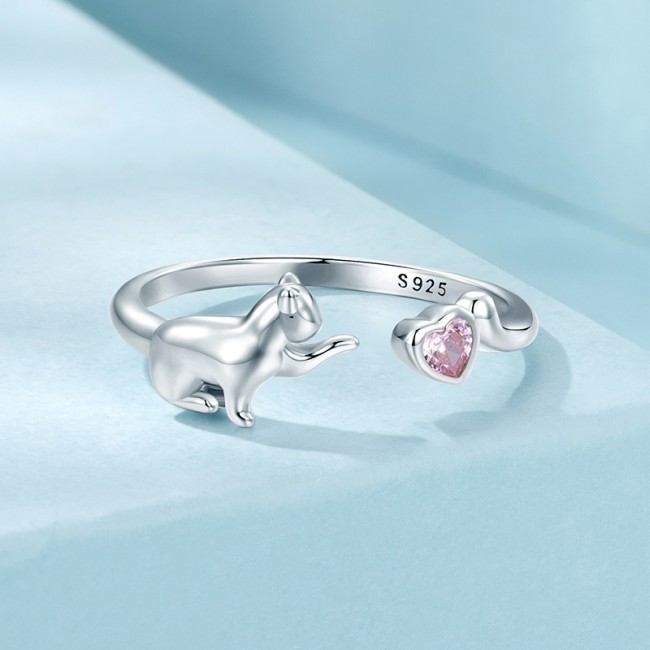 Inel argint reglabil pisicuta cu cristal inima