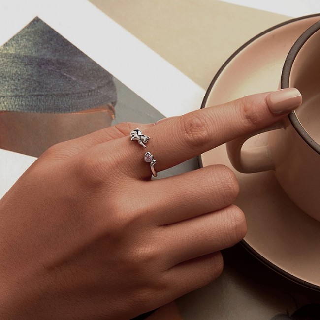 Inel argint reglabil pisicuta cu cristal inima