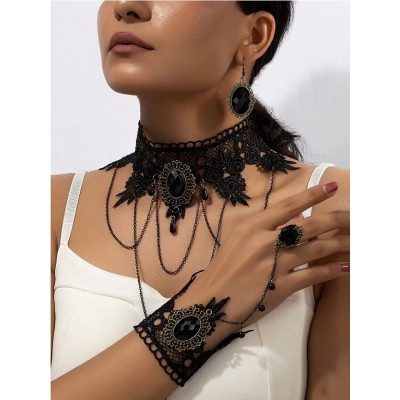 Set bijuterii gotic din dantelă neagra colier choker, bratara si cercei