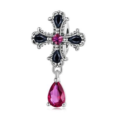 Talisman stopper argint cruce vintage cu cristale negre si mov Talisman stopper argint cruce vintage cu cristale negre si mov