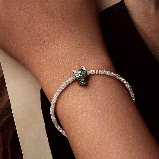 Talisman argint Pisica neagra cu email si ochi verzi