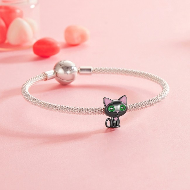 Talisman argint Pisica neagra cu email si ochi verzi