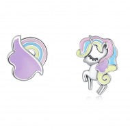 Cercei argint asimetrici Unicorn si Curcubeu