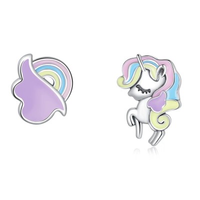 Cercei argint asimetrici Unicorn si Curcubeu