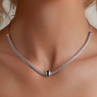 Colier argint chocker reglabil cu pandantiv verde smarald detasabil tip clic Colier argint chocker reglabil cu pandantiv verde smarald detasabil tip clic