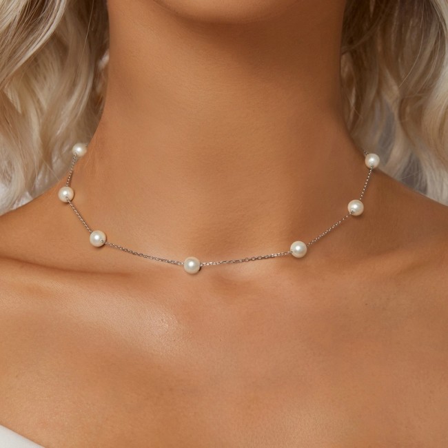 Colier argint la baza gatului cu perle albe