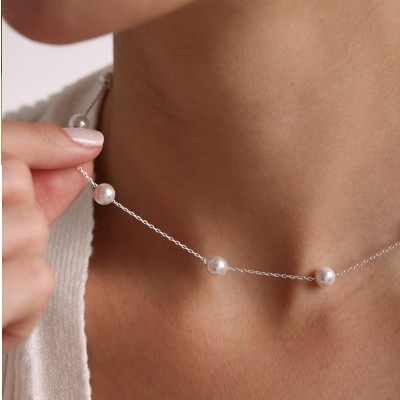 Colier argint la baza gatului cu perle albe