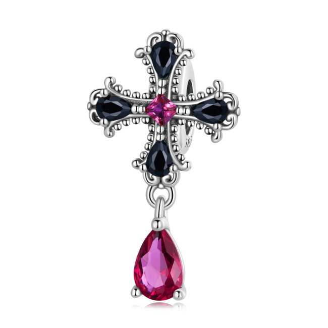 Talisman stopper argint cruce vintage cu cristale negre si mov
