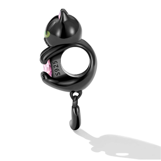 Talisman argint pisica neagra cu inima roz