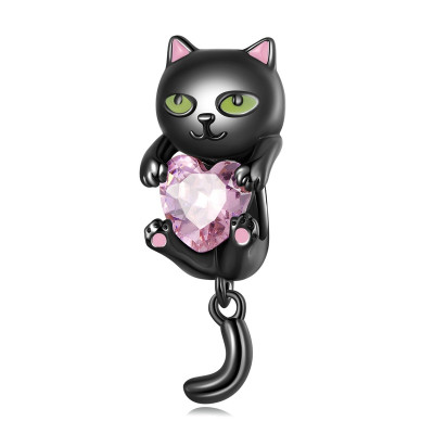 Talisman argint pisica neagra cu inima roz