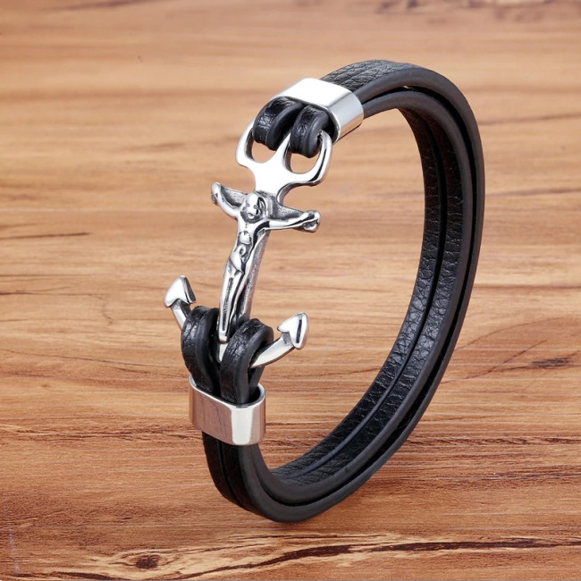 Bratara piele Jesus Silver Anchor Thomaso