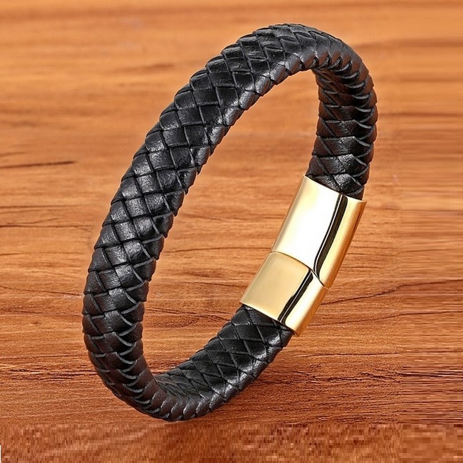 Bratara piele neagra impletita Gold Thomaso