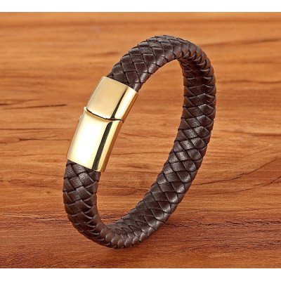 Bratara piele maro impletita Gold Thomaso