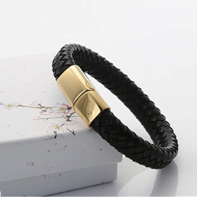 Bratara piele neagra impletita Gold Thomaso