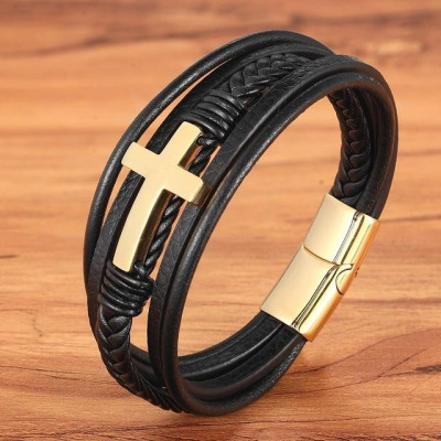 Bratara piele Gold Cross Santo