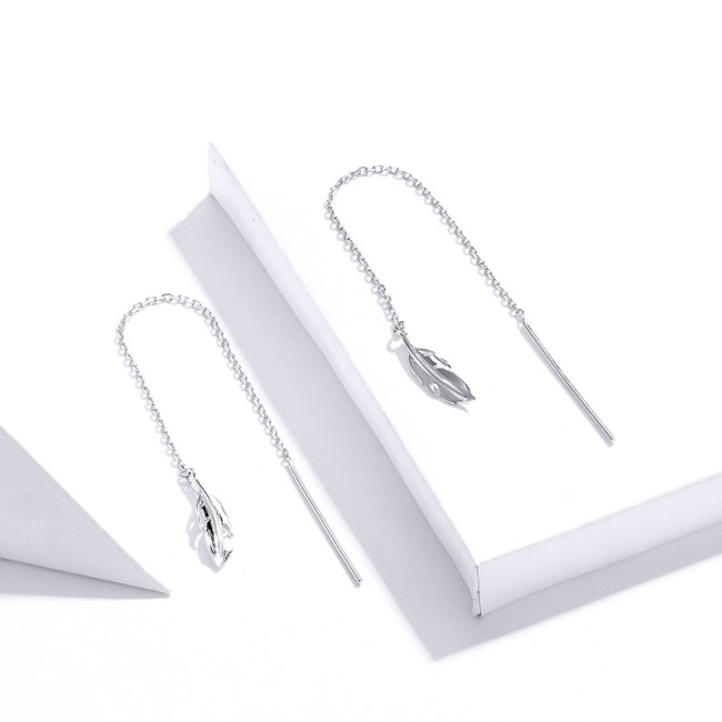 Cercei argint Long Chain Feather