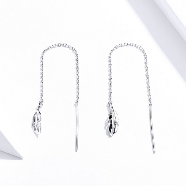 Cercei argint Long Chain Feather