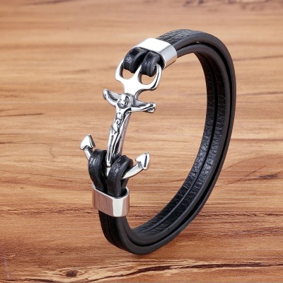 Bratara piele Jesus Silver Anchor Thomaso  Bratara piele Jesus Silver Anchor Thomaso