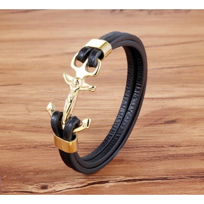 Bratara piele cu ancora si cruce Gold Anchor Thomaso 