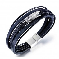 Bratara din piele neagra cu frunza argintie cu inchizatoare magnetica