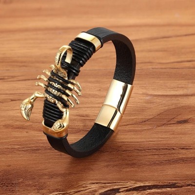 Bratara piele naturala cu Scorpion auriu din inox Bratara piele naturala cu Scorpion auriu din inox